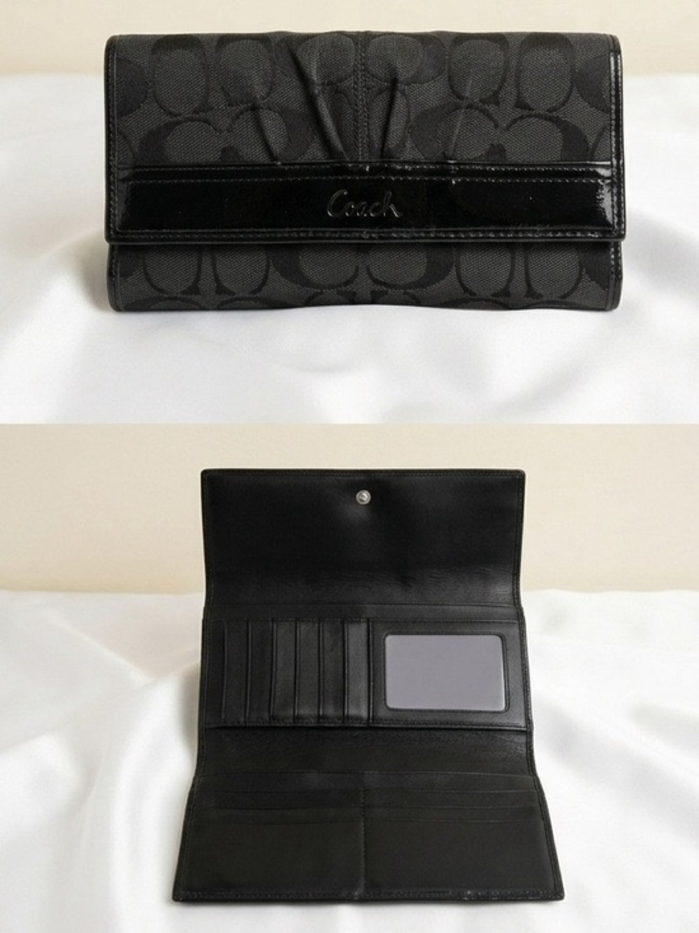 Coach Black Signature Continental Wallet with Patent Trim
